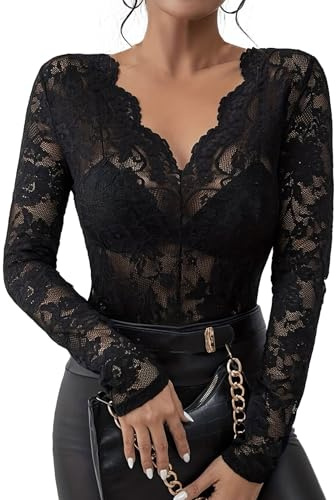 Chemisier Femme Dentelle Chic et Elegant Transparent Col V Profond Manche Longue Haut Moulant Sexy Bodysuit Haut Femme Sexy Clubwear Soirée Mode A_Noir, M