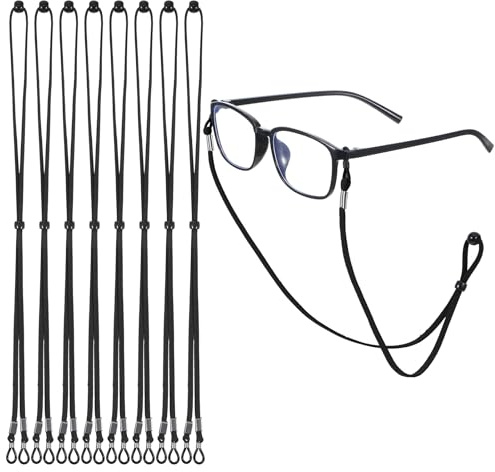 Sorcristy 8er-Pack verstellbare Brillenbänder mit sicherem Halt für dicke und dünne Arme, Brillenhalter um den Hals, Sonnenbrillenband mit Kette, Brillenband für Kinder, Frauen und Männer (Schwarz)