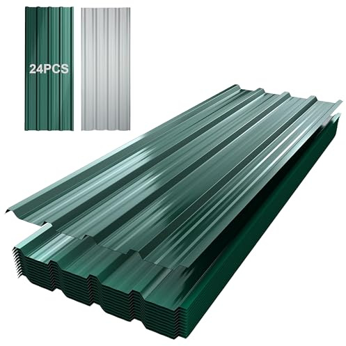 TEOV 24 Stück Trapezblech Dachplatten 115x45CM, Verzinkt Metall Dachplatten Wellblechplatten, Grün 0,25mm Dachblech Rostresistent Wetterfest für Dächer Carports Geräteschuppen Wandverkleidungen