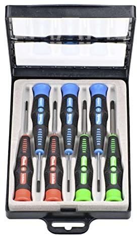 kwb Präzisions-Schraubendreher Set Kreuz, Schlitz + TX für Fein-Mechanik, Mini-Schraubenzieher f. Uhrenmacher/Feinmechaniker, Werkzeug-Satz in Aufbewahrungs-Box, mit Dreh-Kopf und 2-Komponentengriff