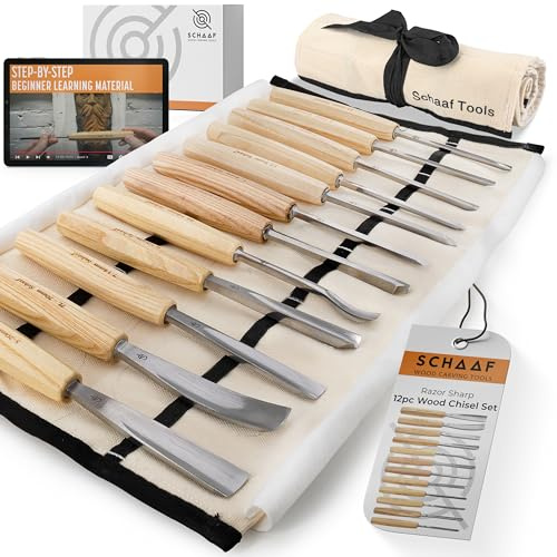 Schaaf Wood Carving Tools Set mit 12 Meißeln mit Leinenkoffer | Holzmeißel für die Holzbearbeitung | Holzbearbeitungswerkzeuge und Zubehör | Holzschnitzbeitel | rasiermesserscharfe CR-V 60