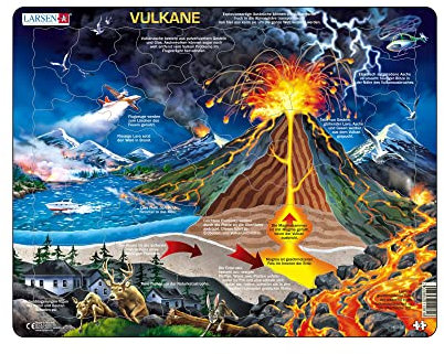 Larsen NB2 Vulkane Puzzle, Alter 6–12, Vulkan Lernspiel, 70 Teile, Naturphänomene entdecken, Robustes Rahmenpuzzle aus Norwegen