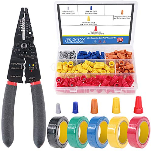 Glarks 8 10-22 AWG Multifunction Wire Stripper/Crimper/Cutter and 175Pcs Twist Nuts Caps Electrical Wire Connectors Screw Terminals with 5Pcs Electrical Tape Assortment Set