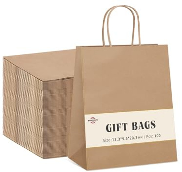 Switory 100 Stück Geschenktüten,Braune Papiertüten, 13,3 x 9,5 x 20,3 cm