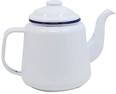 Enamel Teapot with Handle & Lid 14cm, 1.5L Traditional Serving Teapot Coffee Pot Jug Camping, White (White)