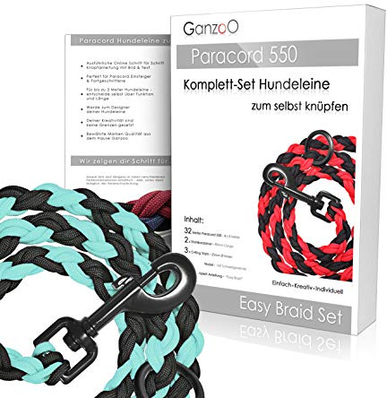 Ganzoo Paracord 550 Bastelset zum Hundeleine knüpfen, Himmelblau, 2 aufeinander abgestimmte Farben je 8 m, insgesamt 4 Stränge, 2 Karabiner 80 mm, 3 O-Ringe Stahl 25 mm, für Koppelleine geeignet
