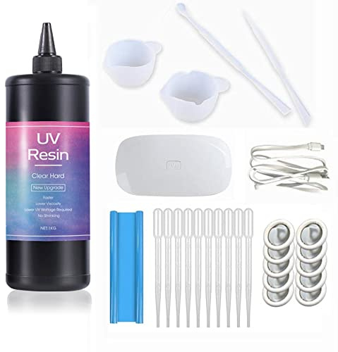 1KG UV-Harz-Werkzeugsatz mit Lampe Super klares hartes UV-Harz Keine Vergilbung Schnelle Aushärtung mit Harzmischbecher Stöcke Tischset Fingerlinge Pipetten für Harzhandwerk DIY Schmuckherstellung