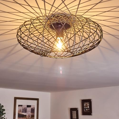 HOFSTEIN Deckenleuchte Wemude, runde Deckenlampe aus Metall, Schwarz-Gold, 1-flammig, E27, Gitter-Optik, Modern Vintage, Lampe, Wohnzimmer, Schlafzimmer, Durchmesser: 40 cm, Retro-Leuchte