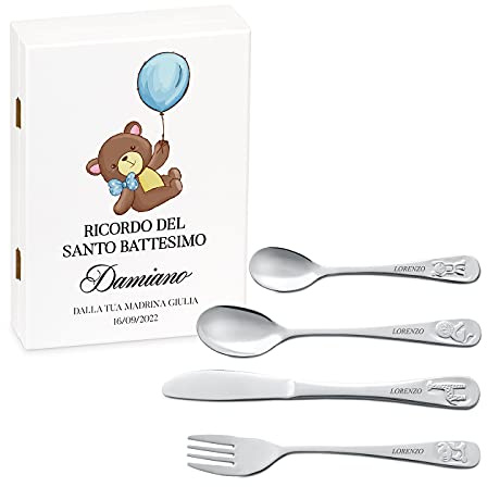 Maverton Set di 4 posate per bambini con incisione + scatola in legno con stampa personalizzata - motivo animali - idee regalo per il battesimo bimbo - pensiero