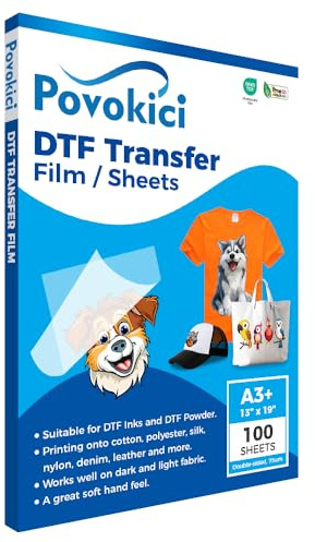 POVOKICI DTF Transferfolie, A3+, 33 x 48,3 cm, 100 Blatt, doppelseitig, matt, transparent, Pretreat PET Wärmetransferpapier für DTF-Druck auf T-Shirts, Textil