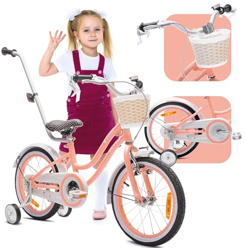 sun baby Heart Bike Girls Bike 12/14/16 Inch | Basket, bell, training wheels, removable parent push handle, coaster brake and V-brake
