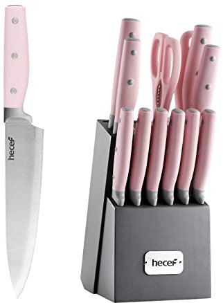 hecef 14 PCS Knife Set with Sharpener - Space-Saving Knife Block, Crafted from High Carbon Stainless Steel with a Comfortable Triple Riveted Handle (Pink)