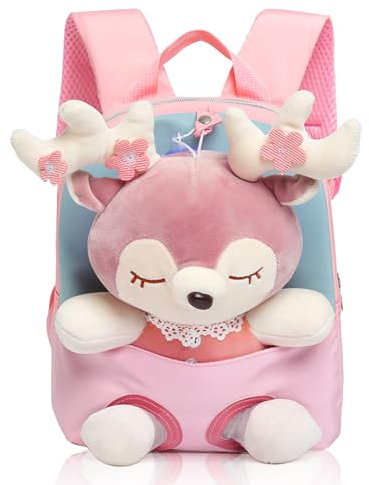 Kleiner Kinderrucksack,Abnehmbarer Plüsch Puppe Kindergartenrucksack,Hirsch Kindergarten Rucksack Kindertasche für 2-5 Jährige Kindergarten Junge und Mädchen (Rosa)