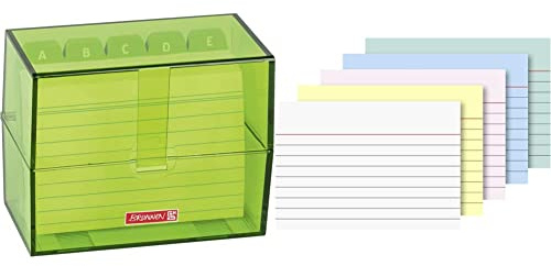 Brunnen,1026353583, BRUNNEN 102057052 Karteikasten, 12x9,5x6,5 cm (für A7 Karteikarten), Polystyrol, kiwi, Colour Code, 1, & 102279195 Karteikarte (A7 liniert, 200 Stück, eingeschweißt) sortiert