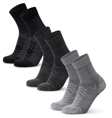 DANISH ENDURANCE Calze Trekking Leggere in Lana Merino, Anti-Vesciche, da Uomo, Donna, Bambino, 3 Paia, Multicolore (1x Grigio Chiaro, 1x Grigio Scuro, 1x Nero), 43-47