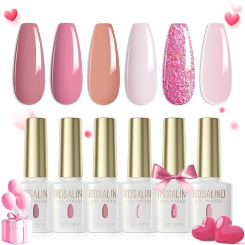ROSALIND Lot Vernis Semi Permanent Rose Clair Rose Marron Rose Pailleté 6 Couleurs Vernis à Ongles Gels Semi-permanents UV LED Soak Off Gel Polish Nail French Manucure Kit 6ml
