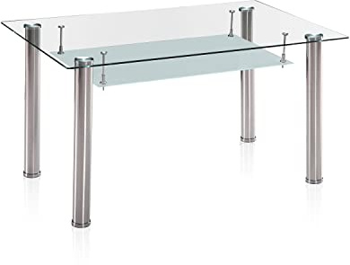 duehome | Mesa de Comedor Fija, Mesa Salon o Cocina, Modelo Tyra, Acabado en Cromo y Cristal Templado, Medidas: 140 cm (Largo) x 80 cm (Ancho) x 75 cm (Alto)