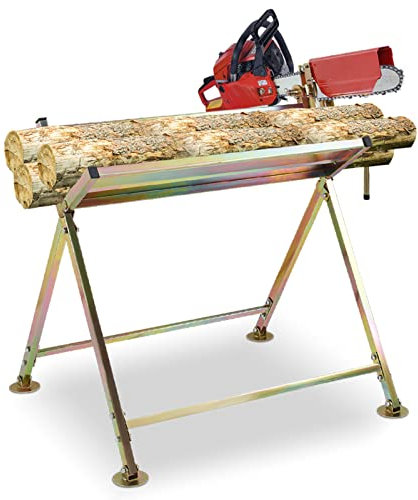 Herrselsam Sägebock mit Kettensägenhalterung, Kettenschutz, Messstab, bis 150 kg, 81x72x78,5 cm, Sägeständer klappbar Geeignet für Sägewerke, Werkstätten