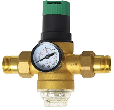 AQUA HEATING Druckminderer Wasser mit Manometer und Messgerät, Wasserdruckminderer 3/4 Zoll Wasserdruckregler mit Siebfilter, Druckminderventil Druckregler Messing