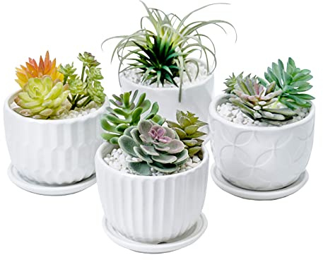 Nioslier Paquete de 4 macetas, macetas de cerámica para suculentas de 10,6 cm con platillo conectado, macetas con orificio de drenaje para cactus y pequeñas plantas de serpiente, decoración del hogar,