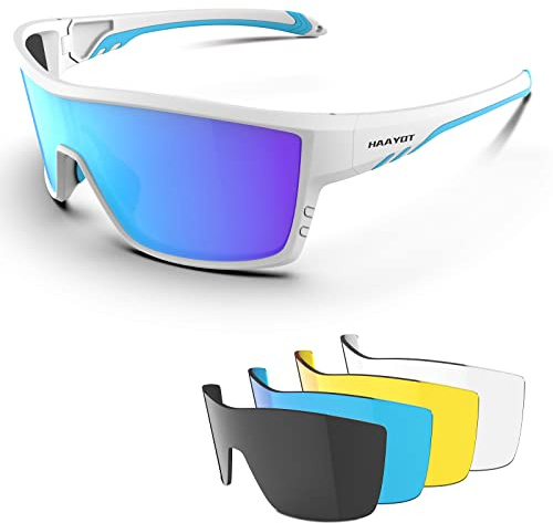 HAAYOT Polarisierte Radsportbrille für Männer Frauen Sport-Sonnenbrille mit 5 Gläsern TR90 Rahmen MTB Brille Mountainbike Brille Laufen Angeln Wandern, Glänzend Weiß & Eisblau