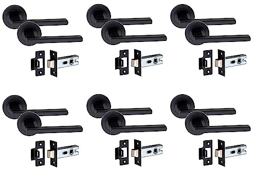 Golden Grace Leon Round Rose Door Handles & Latch, Matt Black Finish | Includes a 2.5-inch tubular latch and fixings for a tidy, concealed look, bringing durability to high-traffic doors.