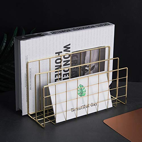 AMONIDA Eisen-Desktop-Bücherregal, Briefhalter, Glänzende Ecken, Leicht, 3 Gitter für den Hausgebrauch (Golden)
