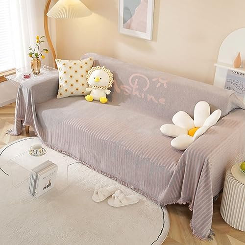 Mesnt Überwurf Sofa, Chenille Sofaüberwurf Decke Couch mit Sunshine Stripes mit Quaste Grau Pink, 180x260CM