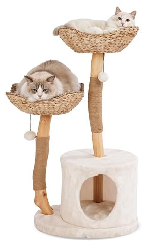 KONELCARE Holz Kratzbaum-Modernes Design Katzenturm,Natur kratzbaum,2 Handgeflochtene Körbe,Katzenhöhle,für Großkatzen,98CM
