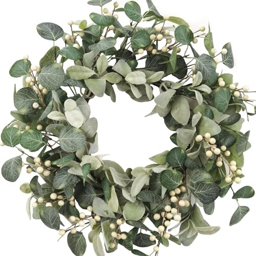 Floribus Lambs Ear Wreaths for Front Door, 18 Inch Green Artificial Berries Wreath for Spring Summer, Farmhouse Wreath for Porch, Indoor Outdoor Decor
