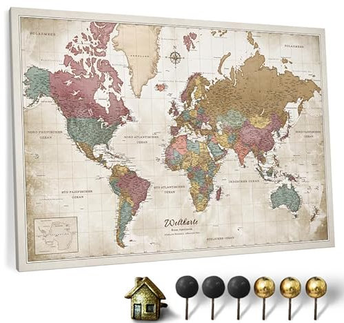 Hochwertige Canvas Weltkarte mit Kork-Pinnwand - Deutsche Beschriftung - Dekorative Wanddeko für alle Zimmer - Leinwandbilder mit Weltkarte Motiv (70x50 cm, Muster 20)