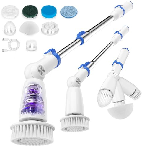 BEAUTURAL Cordless Electric Spin Scrubber, Efficient & Effortless, 2 Adjustable Speed & 3 Length with 8 Brush Heads – Bathroom, Kitchen, Tile & Grout Cleaning