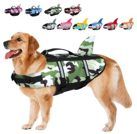 Rettungswesten für Hunde Schwimmweste Hunde Hai, Leicht und Sicher für Wassersport, hundeschwimmweste mit Griff und Reflektierend für Kleine Mittlere und Große Hunde Tarnung Grün M