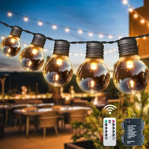 aurogeek Lichterkette Außen Batterie - G30 9m 20 LED Glühbirnen Outdoor Lichterketten Warmweiß mit Fernbedienung Timer Dimmbar Garten Beleuchtung IP64 für Gärten Weihnachten Balkon Bistro Lichter