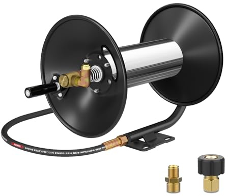 Pressure Washer Hose Reel 100 FT, 3/8 Heavy Duty Retractable Pressure Washer Reel with Hand Crank, 4000 PSI Power Washer Hose Reel, Swivel Arm and Mounting Bracket
