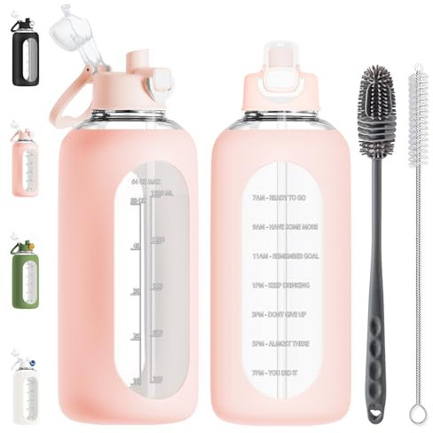 RNCKUUE 2 Liter Trinkflasche aus Glas, 2l Glasflasche, Wasserflasche Glas mit Strohhalm, Flaschenbürste, Pink