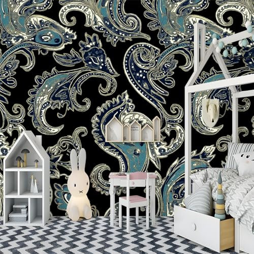 Papier peint intissé 300 x 210 cm Décoration Murale Bleu Poster Tableaux Muraux Tapisserie Photo Texture élégante fleurs Convient pour le papier peint du salon de la chambre à coucher