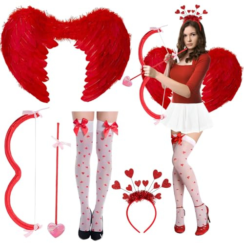 Byhsoep Amor Kostüm Damen,Romantische Amor Kostüm Accessoires mit 60cm Flügel Engel,Cupid Pfeil und Bogen,Haarreif,Strümpfe mit Schleife für Mädchen Frauen Karneval Valentinstag Party Zubehör