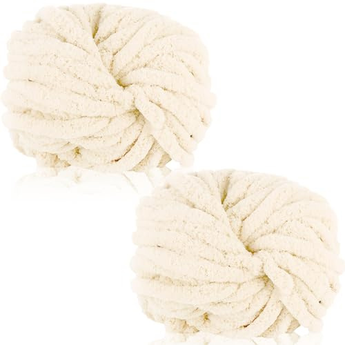 Duscdesp 500g (2 x 250g) Tjockt ullgarn, Chenille Chunky Wool Mjuk armstickningsull för stickning och virkning XXL Chenille ullgarn för filtar, kuddar, halsdukar, hattar (Beige)