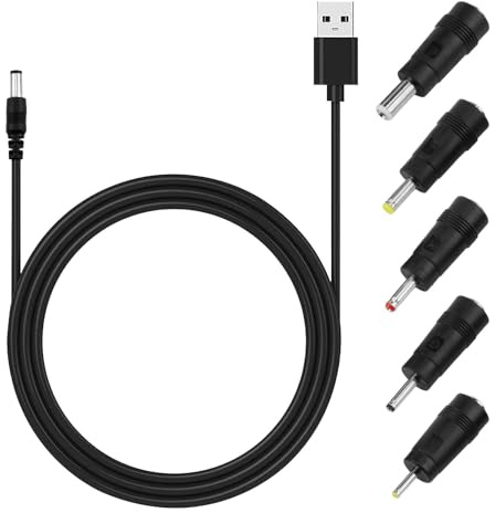 USB to DC Cable Fast Charging Universal USB to 5V DC Power Cable 5.5 X 2.1mm Plug Adapter with 6 Interchageable DC Connectors Chager Cord DC Adapter Compatible for Laptops Router Keyboard Toys, 1M