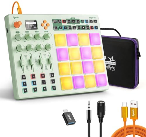 Synido Wireless MIDI Pad Controller, USB Rechargeable Beat Maker Machine for Music Production Professional with 16 RGB Beat Pad, OLED Screen, 16 Step Sequencer, MIDI In/Out/Thru