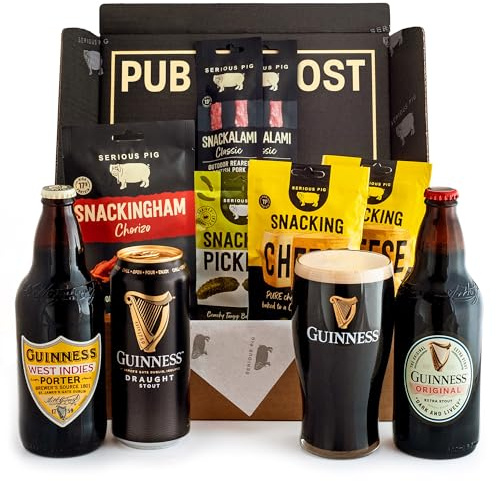 Serious Pig + Guinness Gift Set with Official Guinness Glass and Gourmet Pub Snacks (10 Pack)