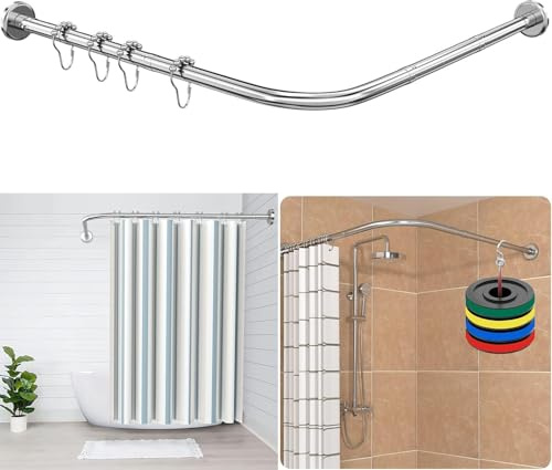 Duschvorhangstange L Form Ohne Bohren – Verstellbare Duschstange aus Edelstahl für Badewanne & Dusche – Duschstange L-Form– inkl. 12 Duschringe (Silber, 70–95×70–95 cm)