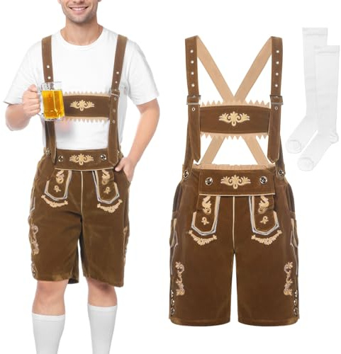 SERTAS Lederhose Herren Kurz Mit TräGer, Lederhose Herren Tracht,Bayrische Trachten Hose FüR Oktoberfest