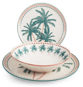 H&H, Servizio Tavola Haiti, Set 18 Pezzi in Stoneware, Decorazione Palme Tropicali, 6 Posti, Avorio e Ottanio