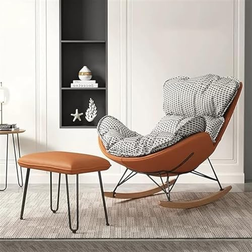 Fauteuil à bascule confortable beige avec assise capitonnée ottomane, idéal pour le salon, la relaxation, chaise à bascule en bois doux rembourré.