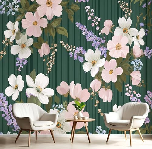 NAWVNMI 3D Carta da Parati Panoramica, 200 * 140cm, Fiori Di Pesco Fiori Selvatici Strisce Sfondo, Decorazioni da Parete per Soggiorno, Adulto, Camera dei bambini, Studio Decorazione