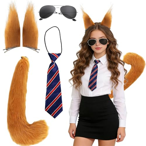 Atomvia 4-teiliges Fuchskostüm, Fuchs Kostüm Kinder Erwachsene, Tierkostüm mit Fuchsschwanz, Fuchs Ohren, Gestrickte Krawatte & Sonnenbrille, für Halloween, Karneval, Fuchs Cosplay