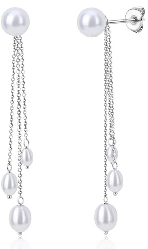BodyBonita Pendientes Perla Mujer, Aretes con Postes de Plata de Ley 925, Pendientes Hipoalergenicos Mujer, Aretes de Hoja de Ginkgo, Joyería de Moda Color Plata Chain-B