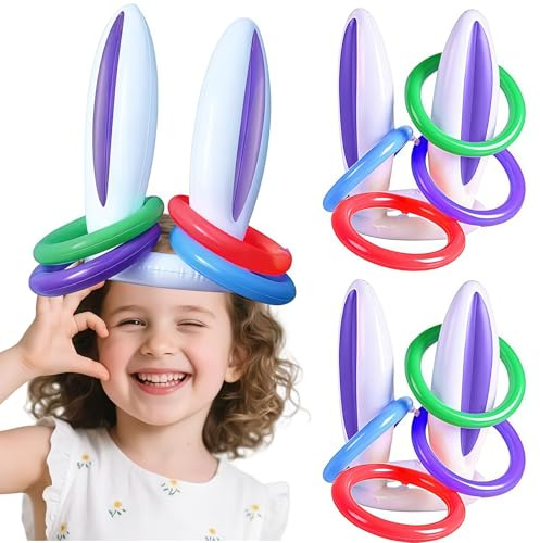 2 Stück Aufblasbare Osterhasenohren Ringwurfspielzeug Con 8 Ringe, Kaninchenohren, Gastgeschenke für Kinder, Osternparty-Spiele für Kinder Erwachsene Gartenspiele Party Requisiten Ostergeschenke